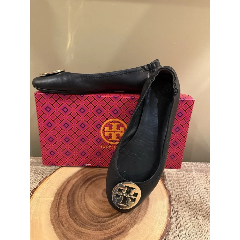 Tory Burch Minnie Travel Ballet Flats Black Leather Gold Logo Sz-10M